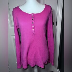 True Grit Pink Waffle Knit Henley Coquette Bow Button Top XL